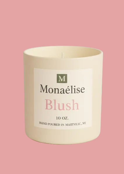Monaélise Blush Organic Coconut Soy Candle on a dark background with branding and product details.